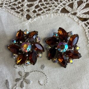 Vintage Amber and Iridescent Floral Clip Earrings